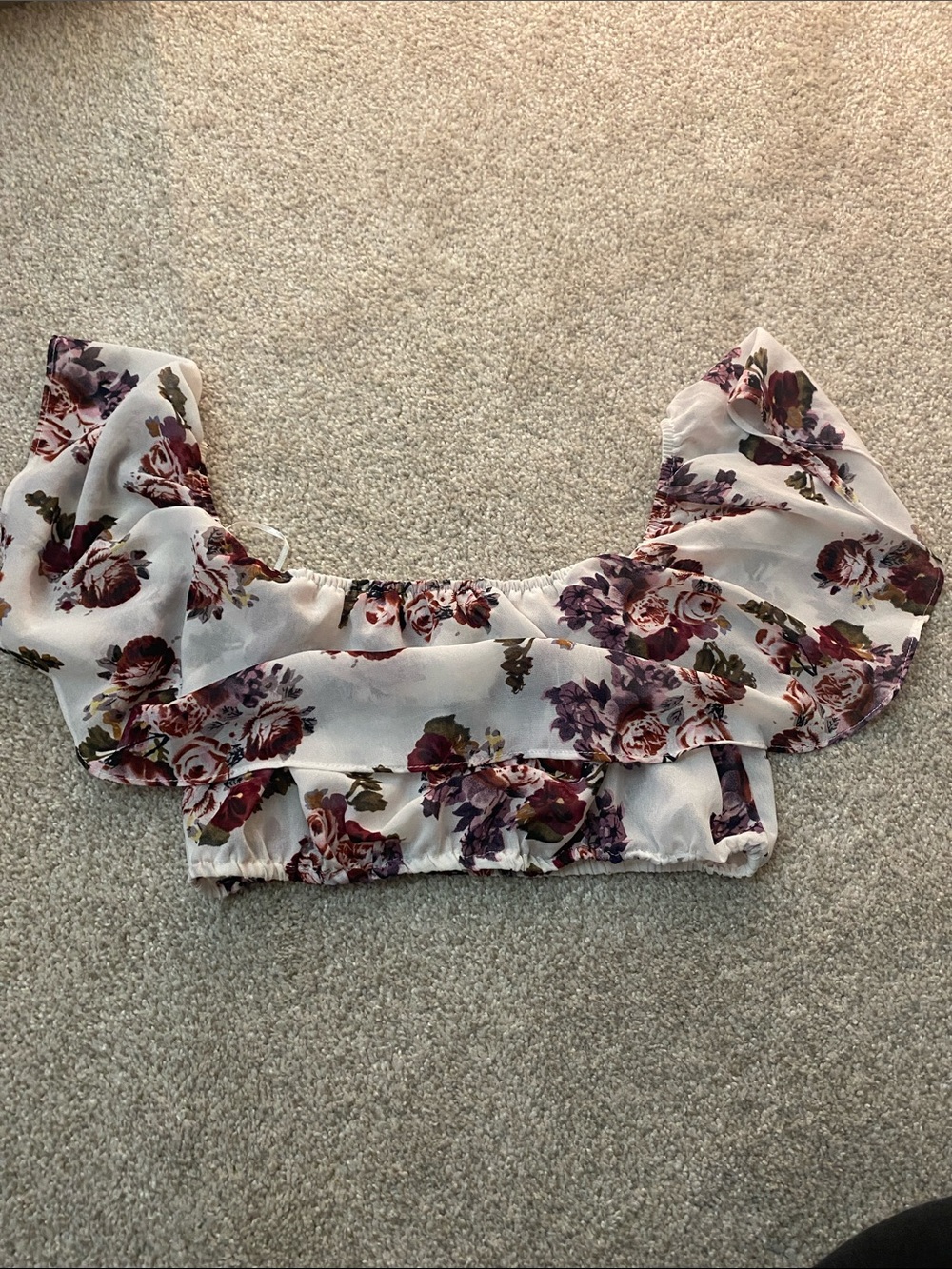 3/$20 Floral Off-Shoulder Ruffle Crop Top - White with Burgundy Floral